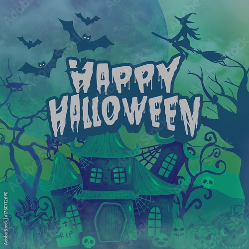 Spooky Halloween greeting card with haunted house, witch on broom, bats, pumpkins, skulls, graveyard, and eerie green mist