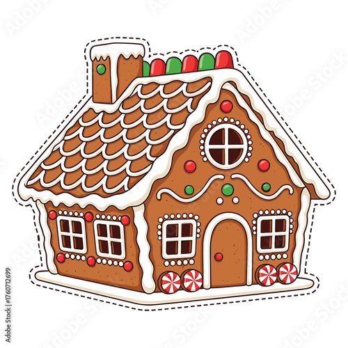 Gingerbread House Christmas Cookie with Icing and Candy Decoration Holiday Illustration print t shirt apparel background poster banner postcard or social media content