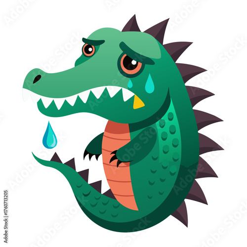A sad green cartoon dinosaur crying tears with a yellow tongue and sharp teeth isolated on white background
