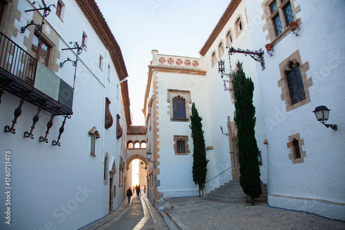View of a street in a Mediterranean town, Sitges, Catalonia, Spain