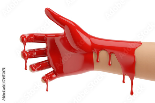 A hand covered in dripping red paint, symbolizing violence, blood, or a forceful act.