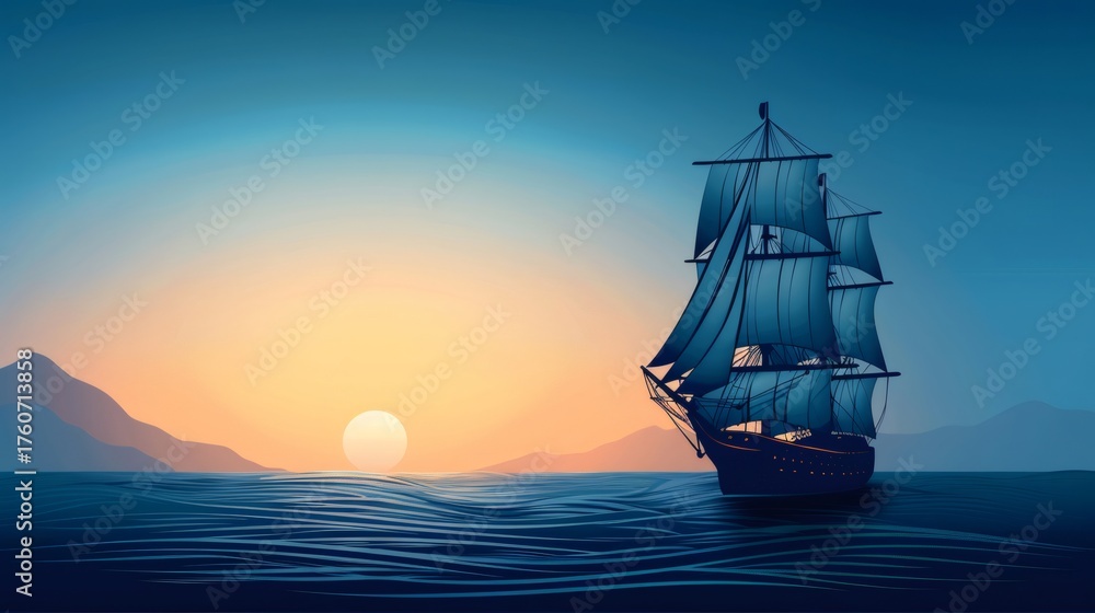 Fototapeta premium Tall ship sailing on ocean at scenic sunset