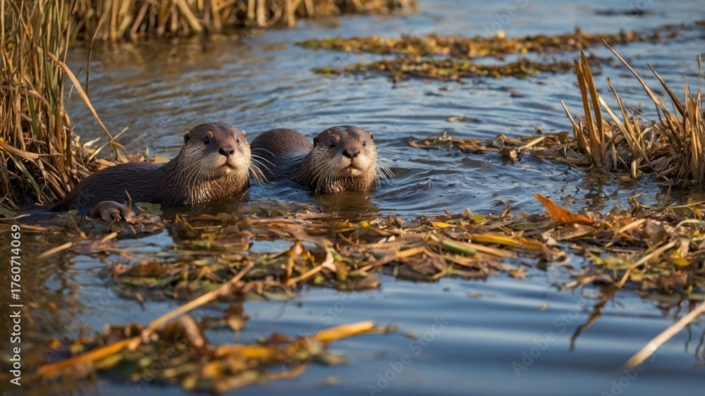 Fototapeta premium Two playful otters swimming in a serene wetland surrounded by lush vegetation under a clear sky