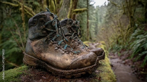 Old Muddy Hiking Boot Resting On A Moss-Covered Log Along A Damp Forest Trail In A Lush Green Temperate Rainforest With Morning Light Filtering Through Ferns And Moss Evoking Solitude And Rugged