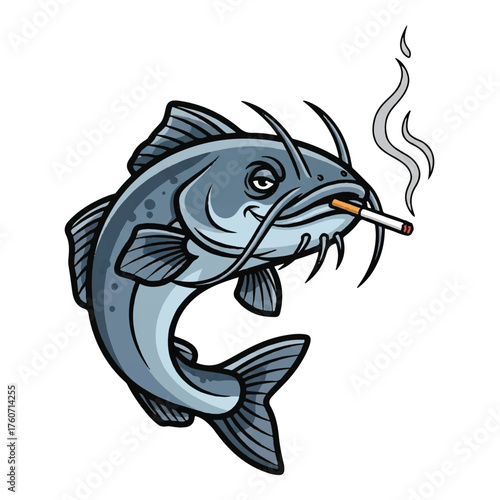 A cool cartoon catfish smoking a cigarette with a smug expression and smoke rising, representing a character