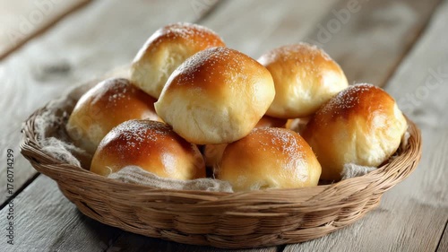 Basket Of Golden Brown Dinner Rolls In A Woven Rustic Basket On A Weathered Wooden Table Natural Light Freshly Baked Aroma Close Up View Highlighting Steam And Texture Home Kitchen Photography