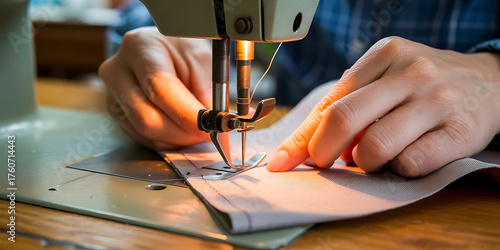 Hands guide fabric beneath a sewing machine's needle, crafting a textile creation.