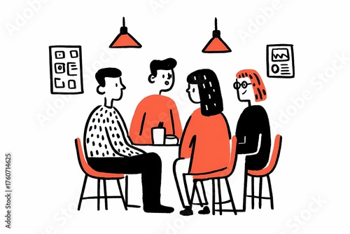 Team brainstorming session with lively people drawing on white paper in a bright studio.