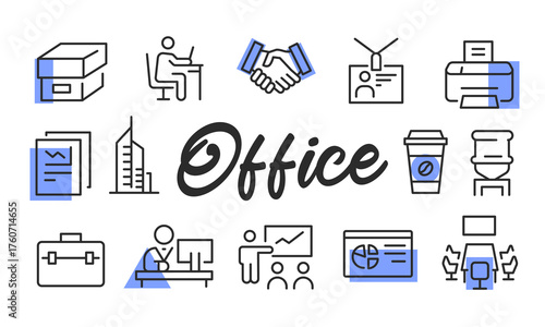 Office poster. Office banner design with workplace icons. Desk, Coffee, Printer, Document, Chart icons. Simple poster for presentations, covers. Banner template. Vector illustration.