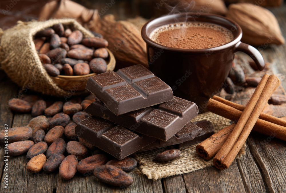 Fototapeta premium Dark chocolate bars with cocoa beans and hot chocolate on rustic wooden table