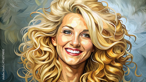 Very beautiful blonde cartoon woman with curly, voluminous hair smiling warmly against a soft gray background, radiating charm, positivity, and modern elegance in a stylish illustrated portrait.