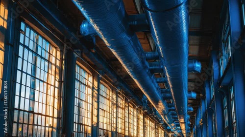 Industrial Corridor With Blue Piping And Amber Window Light, Long Perspective Through A Metallic Grid Ceiling, Moody Cinematic Scene Emphasizing Cool Blues And Warm Gold Glow Inside An Urban
