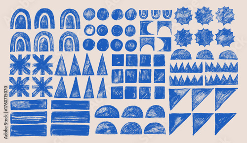 Blue vector geometric shape set in retro Bauhaus and childish style. Abstract vector composition with bold mosaic elements, lines and patterns for posters, web design, banners and creative prints..eps