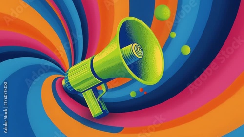 Vibrant Multicolored Spiral Background With Lime Green Megaphone In Abstract Digital Art Style, Broadcast Theme Emphasizing Energetic Communication And Promotional Impact For Media Campaigns