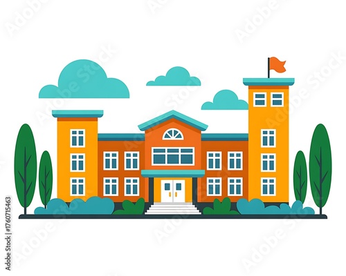 Cartoon illustration of a classic school building with towers and a flag