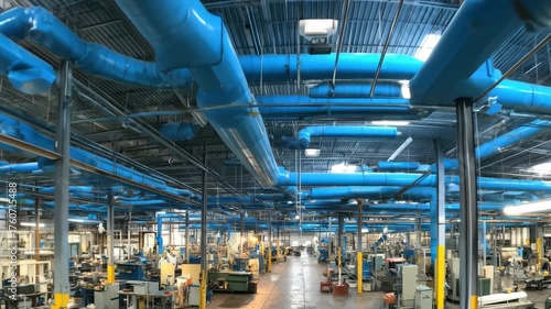 Industrial Factory Interior With Dense Network Of Blue Overhead Piping And Ductwork, Bright Industrial Lighting, Long Aisles Of Machinery And Conveyors In A Large Scale Manufacturing Facility