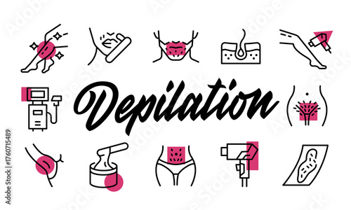 Depilation poster. Depilation poster design with beauty icons. Wax, Laser, Razor, Cream, Epilator, Strips icons. Simple banner for salon or cosmetic use. Vector illustration.