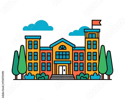 Colorful flat illustration of a classic school building with trees and clouds