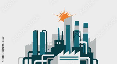 Industrial factory complex graphic illustration with smokestacks and sunrisesunset