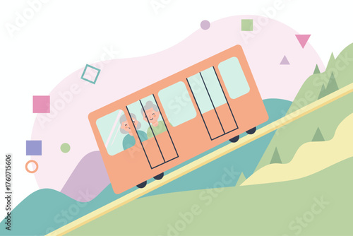 Happy senior couple enjoying a scenic funicular ride up a hill showcasing travel and leisure