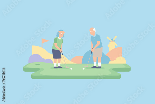 Happy senior couple playing golf on a putting green Active retirement and leisure lifestyle