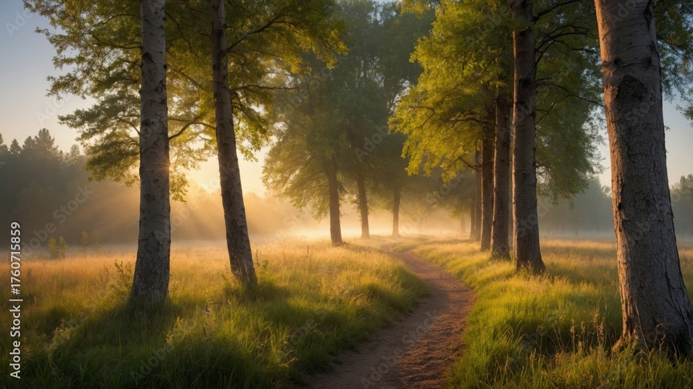 Fototapeta premium Serene morning light filtering through tall trees along a peaceful forest path with misty background