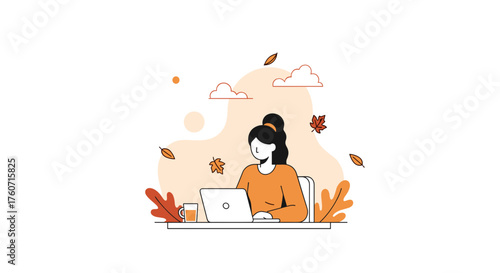 Woman working on laptop in a cozy autumn setting Remote business illustration