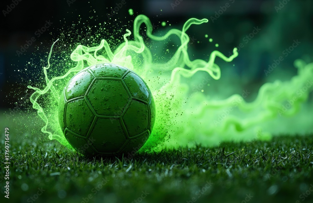 Naklejka premium A green soccer ball on grass with glowing green energy effects surrounding it