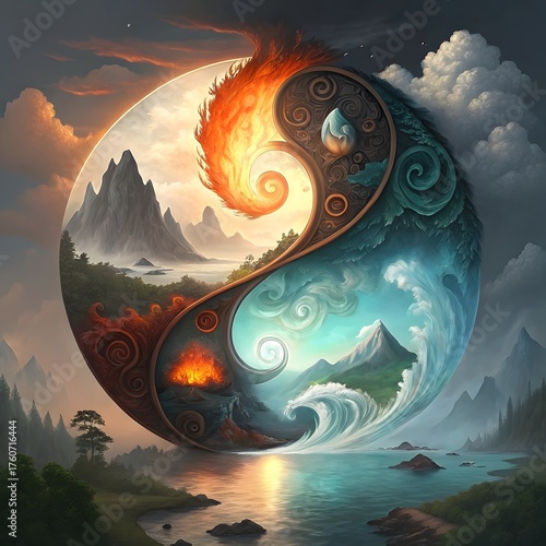 Yin yang symbol with wave spiral design and blue circle pattern
