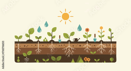 Growth and development of plants from seed to maturity, illustrating stages of plant life cycle and agricultural processes
