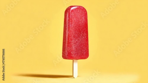 Bright Red Ice Pop On Yellow Background With Water Droplets And Subtle Shadow, A Single Frozen Treat On A Wooden Stick Capturing Summer Mood, Fresh Color Contrast And Nostalgic Refreshment