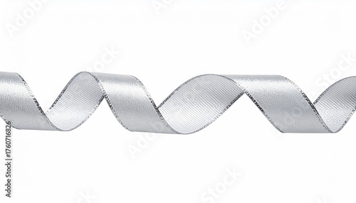 Silvery ribbon with a glittered edge winds horizontally across a white background in a fluid, helical shape