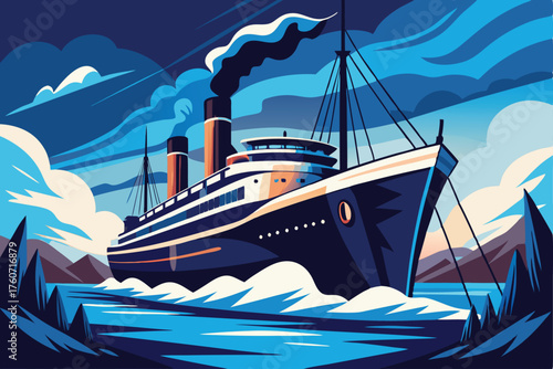 Vintage Cruise Ship Illustration - Retro Ocean Liner with Sails Vector Art