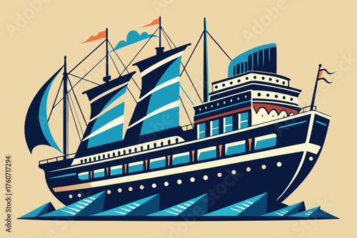Vintage Cruise Ship Illustration - Retro Ocean Liner with Sails Vector Art