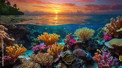 Wallpaper Mural Vibrant coral reef teeming with colorful marine life under a stunning sunset in a tropical paradise Torontodigital.ca