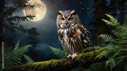 Majestic owl perched on a mossy branch under a full moon, surrounded by a serene forest at night