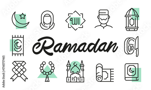 Ramadan poster. Ramadan banner design with Islamic icons. Mosque, Crescent, Prayer, Quran, Lantern icons. Simple poster for presentations, covers. Banner template. Vector illustration.