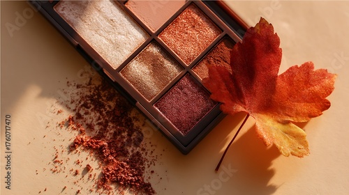 A close-up shot of an eyeshadow palette featuring warm autumnal shades an autumn leaf on a beige background