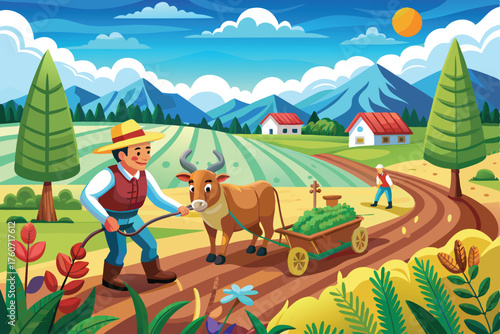 Rural Farm Life: Man Driving Ox-Cart on Scenic Countryside Road"