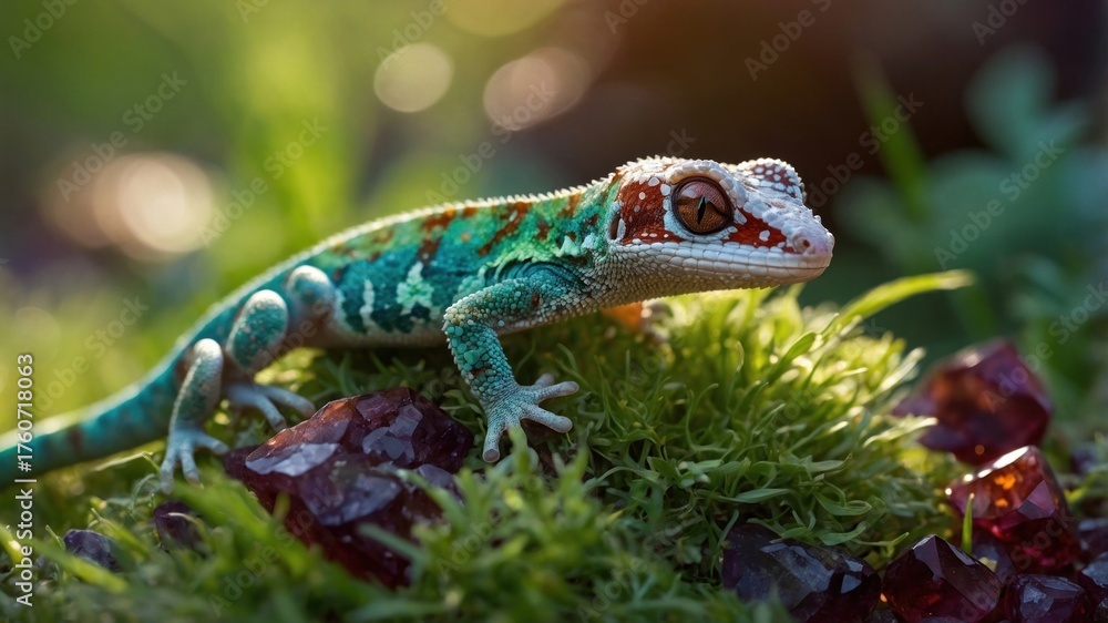 Obraz premium Colorful gecko resting on vibrant moss surrounded by shiny crystals in a lush outdoor setting