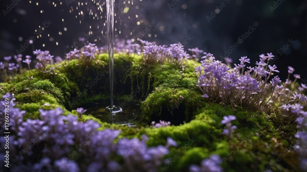 Obraz premium A serene water feature surrounded by vibrant purple flowers and lush green moss in a tranquil garden