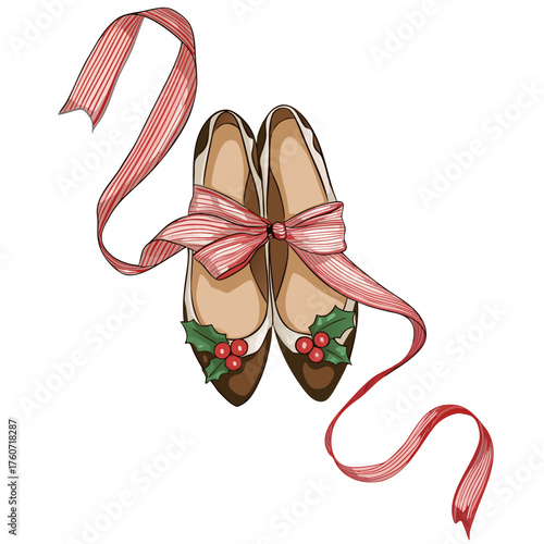 A whimsical illustration of a pair of brown and white
ballet flats decorated with a festive holly berry design