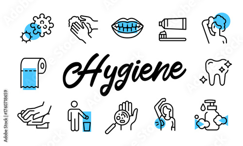 Hygiene poster. Hygiene banner design with cleanliness icons. Soap, Toothbrush, Toiletpaper, Tooth, Handwash icons. Simple poster for presentations, covers. Banner template. Vector illustration.