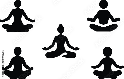 Minimalist Lotus Pose Silhouettes – Five Figures Practicing Yoga and Mindfulness