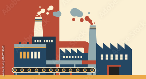 Retro flat illustration of a factory complex with smoking chimneys and production line