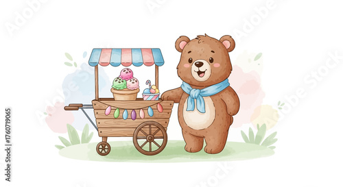 Ein niedlicher Bär mit einem süßen Wagen voller Cupcakes.