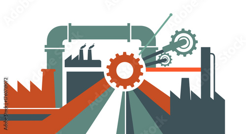 Industrial process concept illustration with factories pipelines and gears on white