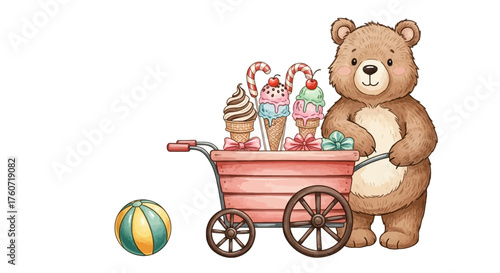 Ein Bär mit einem roten Einkaufswagen voller Eis.