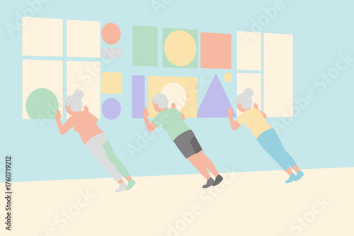 Seniors performing wall pushups Healthy aging active lifestyle fitness for older adults