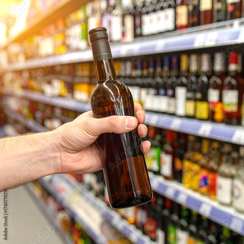 Hand Holding Wine Bottle in Supermarket Aisle Selection.